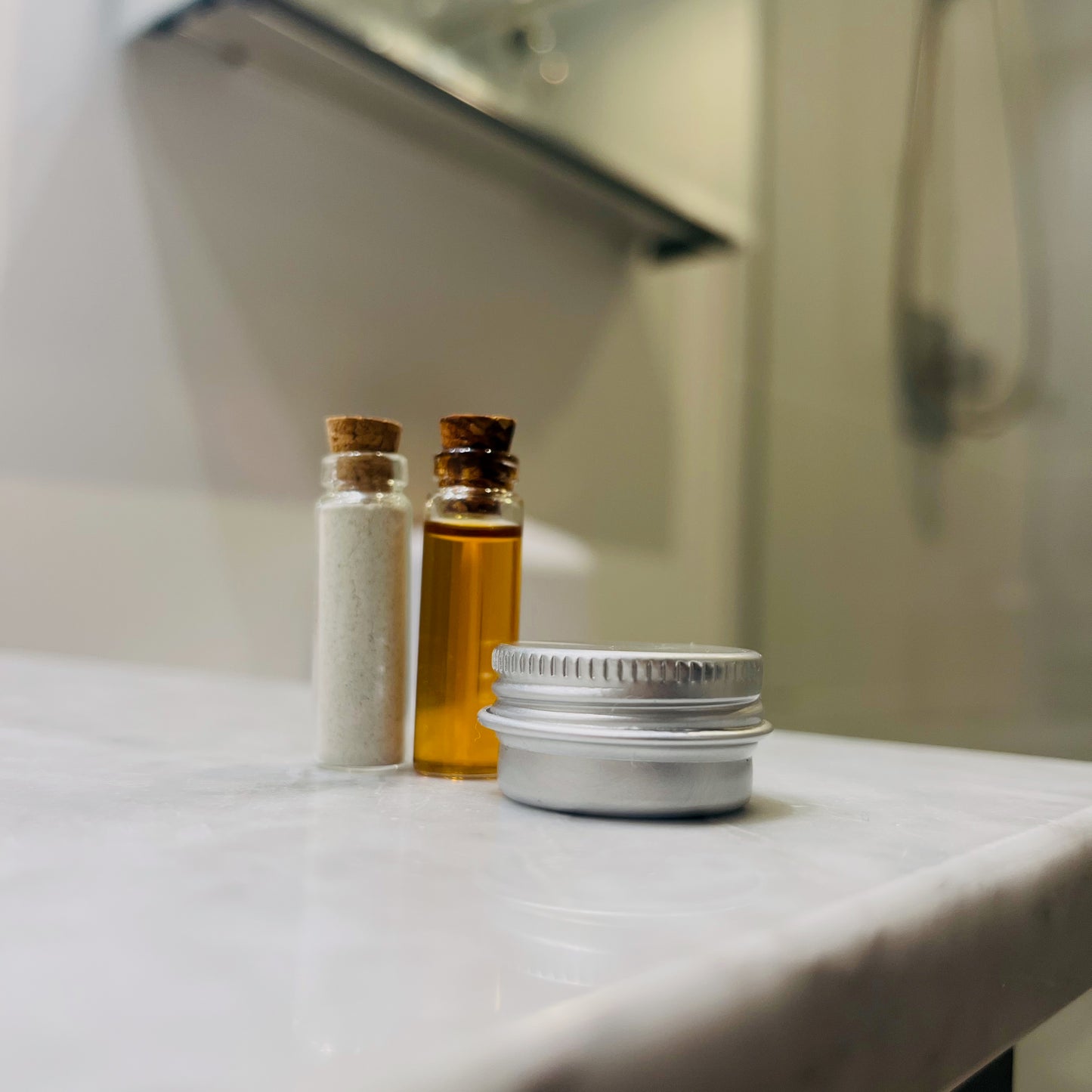 demulcere skincare sample set on bathroom vanity