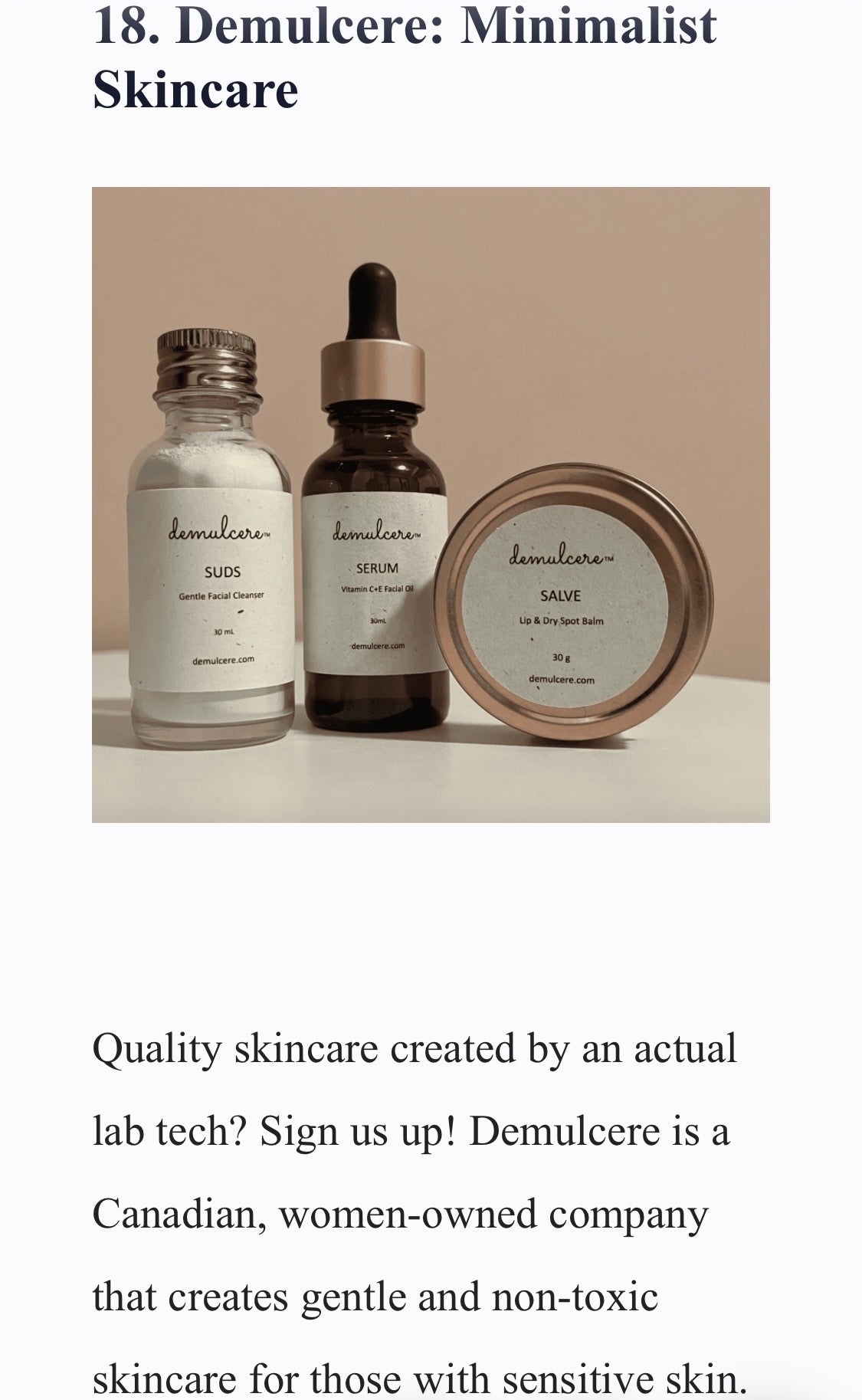 Demulceré skincare products including a bottle, dropper, and jar on a beige background.